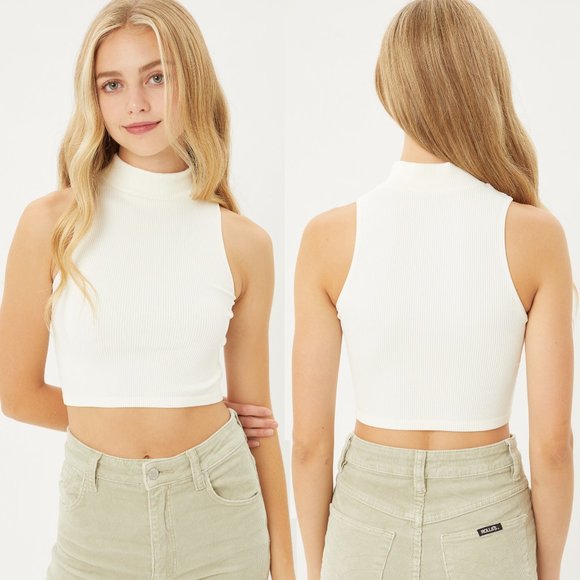 NEW Ivory Seamless Mock Neck Halter Crop Top Basic - Picture 1 of 9